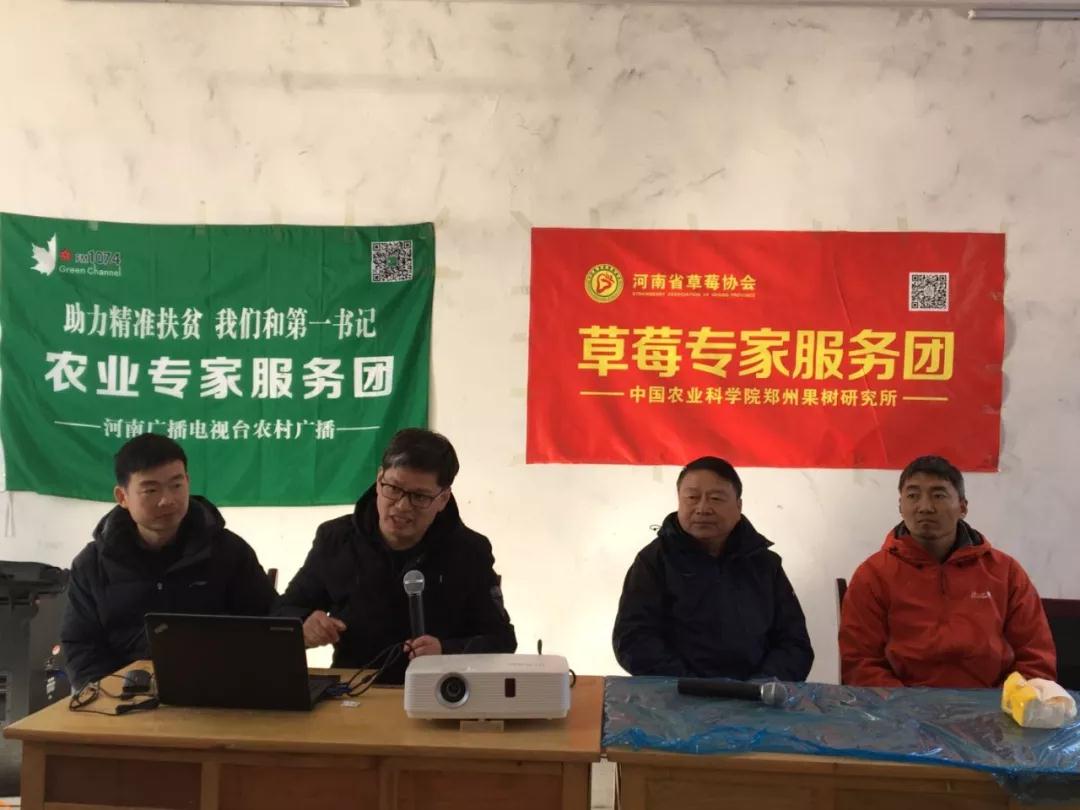 草莓專家團(tuán)周厚成（左二）、李亮杰（左一）、杜小亮（右一）與農(nóng)戶互動(dòng)