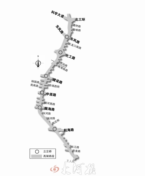 截至目前，僅剩西三環(huán)跨長江路、丹青路高架橋金水河處一座箱梁尚未澆筑。