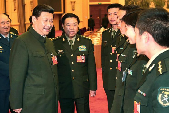 中共中央總書記、中共中央軍委主席習近平出席十二屆全國人大一次會議解放軍代表團全體會議并發(fā)表重要講話。