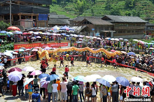 圖為當(dāng)?shù)丶t瑤民眾舞起長(zhǎng)龍祈求風(fēng)調(diào)雨順。中新社發(fā) 韋吉陽(yáng) 攝