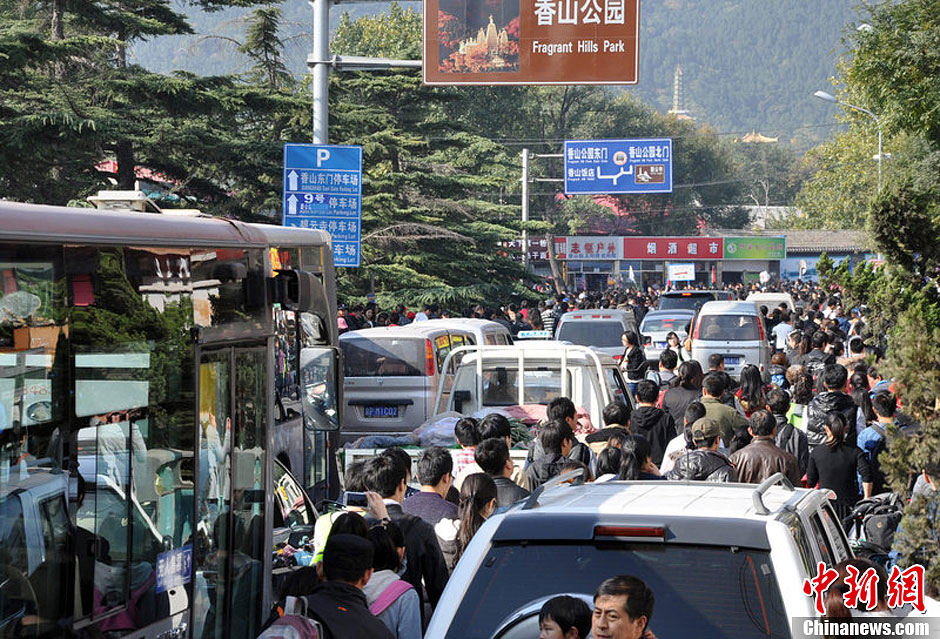 圖為10月26日上午10點(diǎn)多，北京香山路賞紅客摩肩接踵