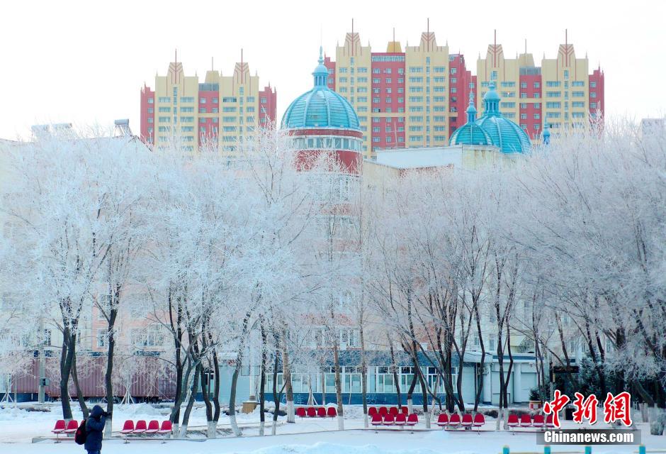 12月10日,受降溫天氣影響,黑河市黑龍江江畔出現(xiàn)綿延數(shù)公里的霧凇景觀。