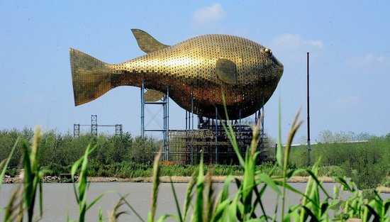 昨天，揚(yáng)中市西沙島，正在施工的河豚塔金光閃閃
