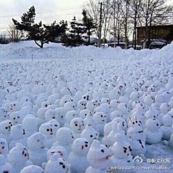 網(wǎng)傳“煙臺男子大學(xué)生堆1314個雪人表白”。微博圖