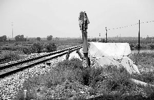 6月30日， 農(nóng)戶用搭建的窩棚和電線桿阻擋了鐵路的施工。新華社發(fā)