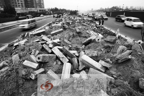 中州大道部分路段，綠化帶成了垃圾場(chǎng)。