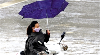 昨日下午，隴海路上，雨中風(fēng)大，一位女士的傘被吹翻了。