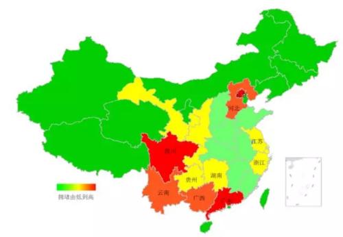 端午期間省域擁堵情況。來源：交通部聯(lián)合其他機(jī)構(gòu)發(fā)布的《2018年端午全國公路網(wǎng)出行預(yù)測報(bào)告》。