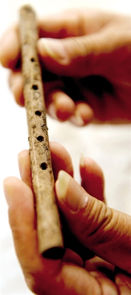這是近日出土的用丹頂鶴尺骨制成的五孔骨笛。新華社發(fā)