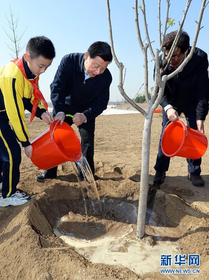 這是習(xí)近平同大家一起給剛栽下的樹苗澆水。