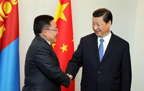 去年9月12日，國(guó)家主席習(xí)近平在比什凱克會(huì)見蒙古國(guó)總統(tǒng)額勒貝格道爾吉。 新華社記者謝環(huán)馳攝