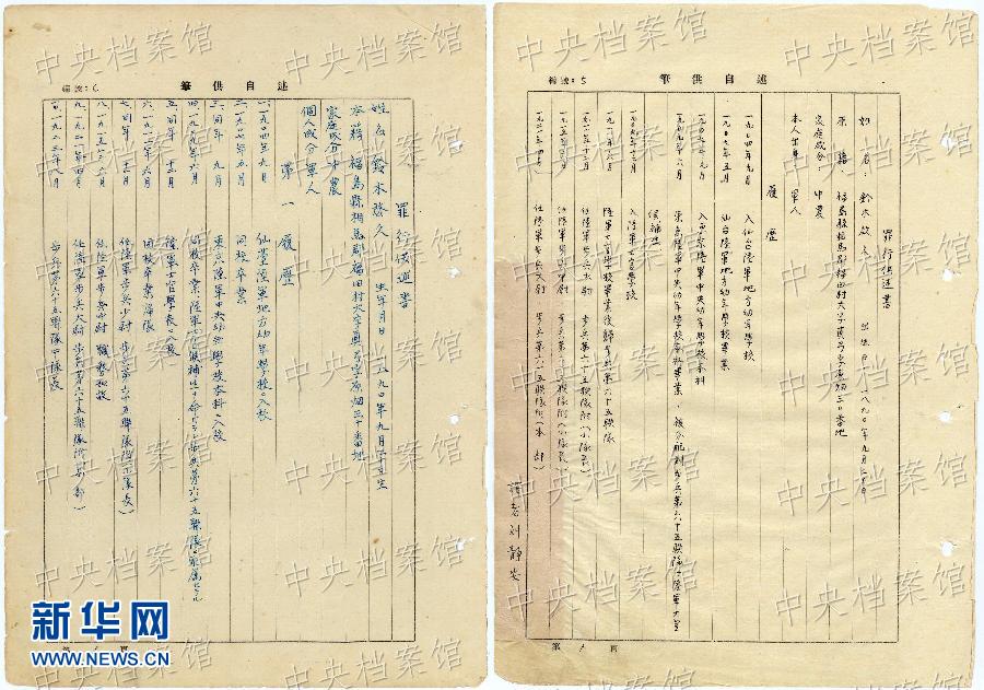這是日本戰(zhàn)犯鈴木啟久的部分筆供原文（左圖）和鈴木啟久筆供的中文譯文（右圖）。