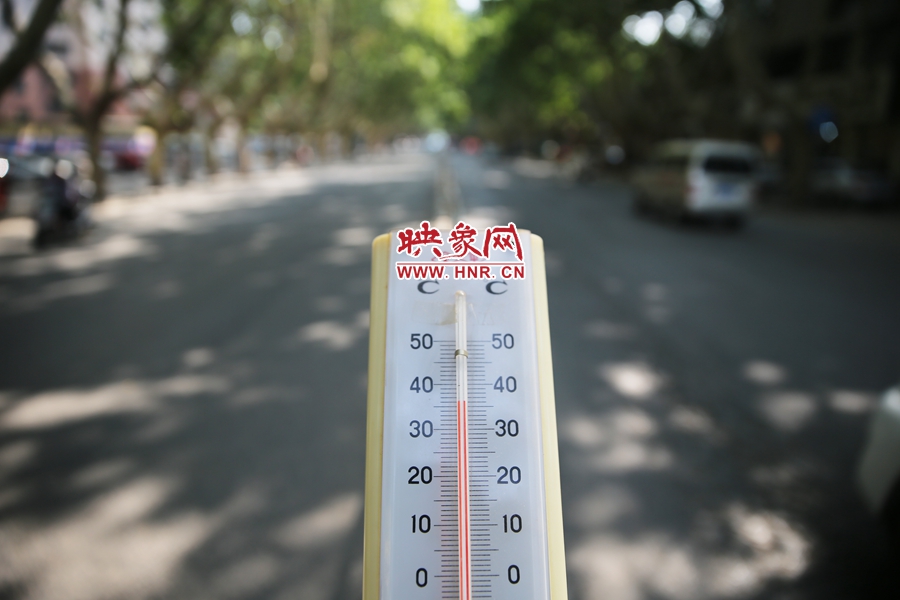7月8日下午15時(shí)30分，人民路樹(shù)陰處溫度為36度，比人防納涼處高11度。