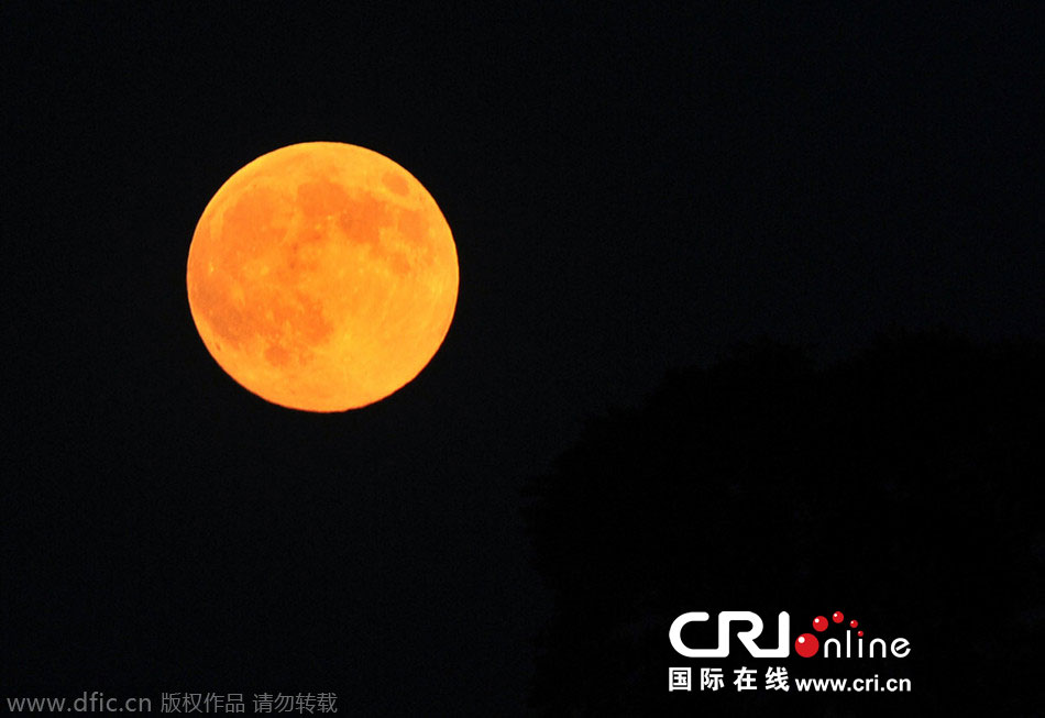 8月10日晚，一輪金燦燦的大月亮在遼寧省大連市東方升起。圖片來源：劉德斌/東方IC