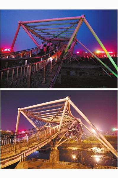 花園路西側東風渠景觀橋，上圖攝于7月31日晚間，下圖攝于10月9日晚間。