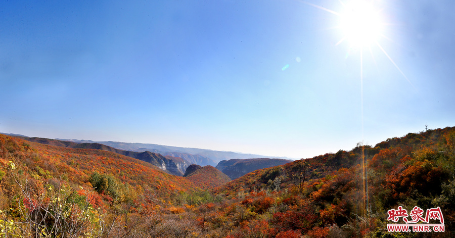 山頂遠(yuǎn)眺，紅葉已經(jīng)綻放出絢麗的色彩