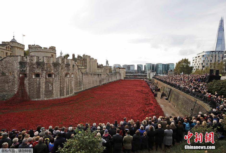 當(dāng)?shù)貢r間2014年11月10日，英國倫敦，倫敦塔周邊“種植”了888246朵陶瓷材質(zhì)的罌粟花，以此紀