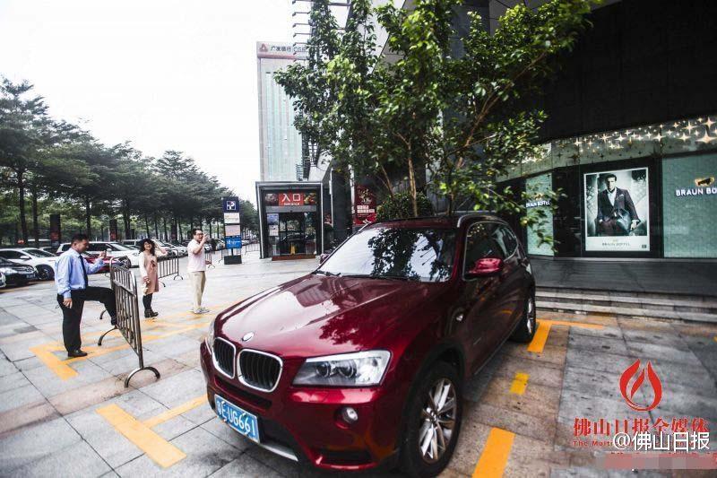 一輛停在停車位上的寶馬轎車，被墜落的樹枝砸中，樹枝徑直插入車內，現場引發(fā)不少市民圍觀拍照。