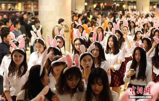 11月11日晚，一百位統(tǒng)一打扮的“兔女郎”現(xiàn)身南京新街口，逛街看電影玩快閃，走到哪里都被圍觀。