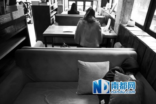 12月12日上午，不打烊書店里，12歲的楊東吃完午飯后抱著抱枕蜷在沙發(fā)里睡覺。