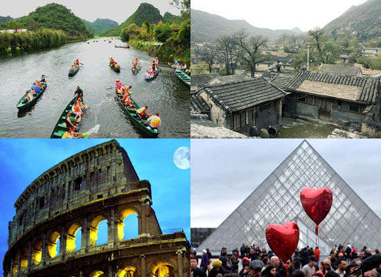 被電視真人秀帶火的旅游景點(diǎn)。左上:云南普者黑;右上:北京靈水村;左下:意大利羅馬;右下:法國巴黎。